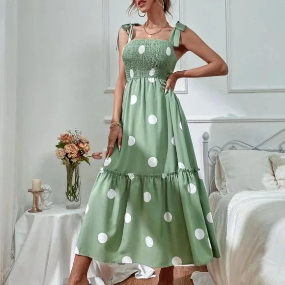 Green Polka Dot Tie Shoulder Cami Dress - Picture 4 of 6